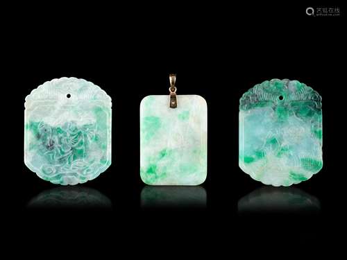 Three Chinese Apple Green and White Jadeite Pendants