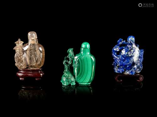 Three Chinese Hardstone Snuff Bottles Height of tallest