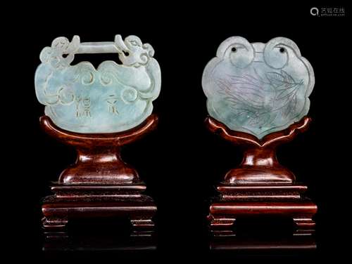 Two Chinese Jadeite Lock-Form Pendants Width of larger