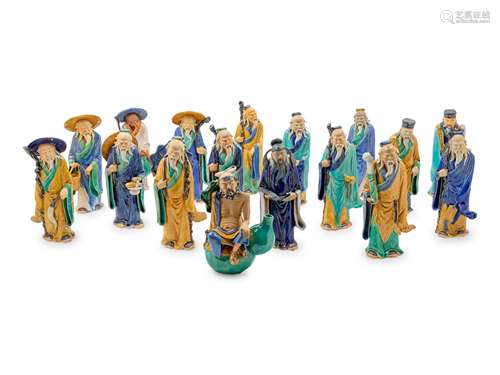 Seventeen Chinese Polychrome Enameled Pottery Figures