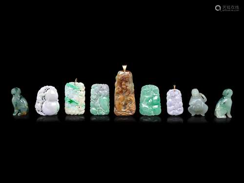 Nine Chinese Jadeite Carvings Length of largest 3 1/4