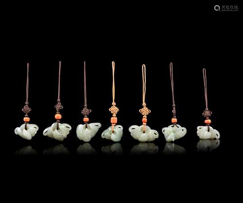 Seven Chinese Celadon Jade Bat-Form Pendants Length of