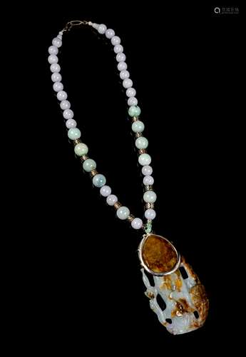 A Chinese Jadeite Beaded Necklace Length 19 1/4 in., 49