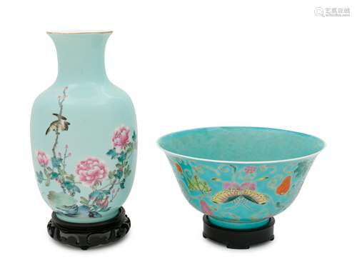 Two Chinese Turquoise Ground Famille Rose Porcelain