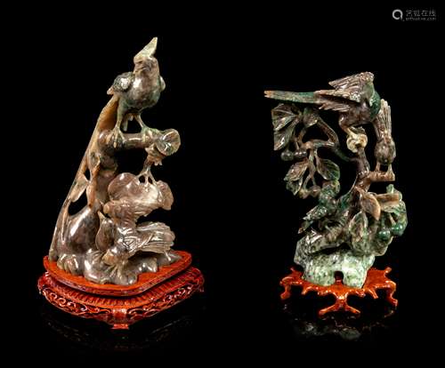 Two Chinese Spinach Jade Figural Groups of Birds Height