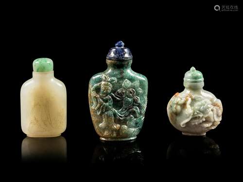 Three Chinese Jadeite and Jade Snuff Bottles Height of