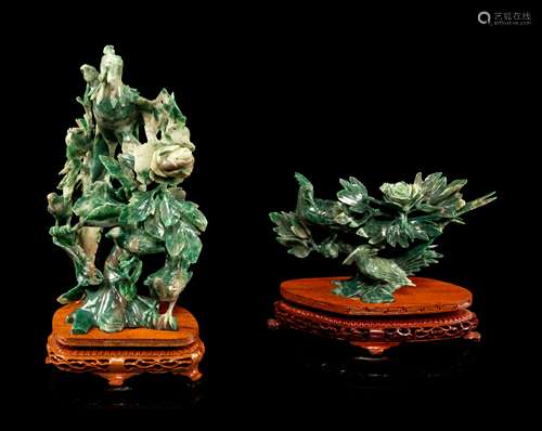 Two Chinese Spinach Jade Figural Groups of Birds Height