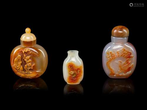 Three Chinese Carved Agate Snuff Bottles Height of