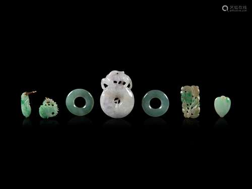 Seven Chinese Jadeite Pendants Length of largest 1 1/2