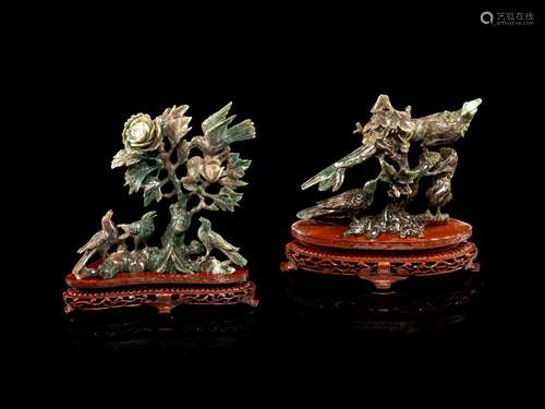 Two Chinese Spinach Jade Figural Groups of Birds Height