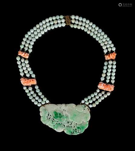 A Chinese Jadeite Beaded Necklace Length 15 in., 38 cm.