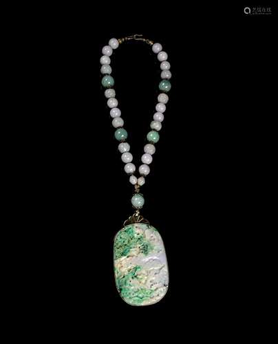 A Chinese Jadeite Beaded Necklace Length 15 1/4 in., 39