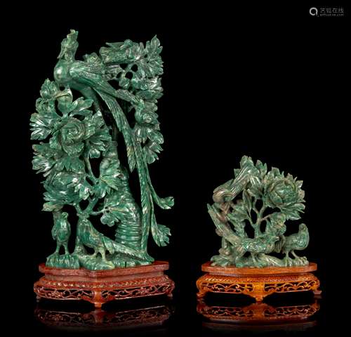 Two Chinese Green Hardstone Figural Groups of Birds