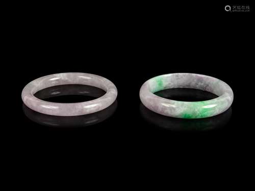 Two Chinese Lavender and Apple Green Jadeite Bangles