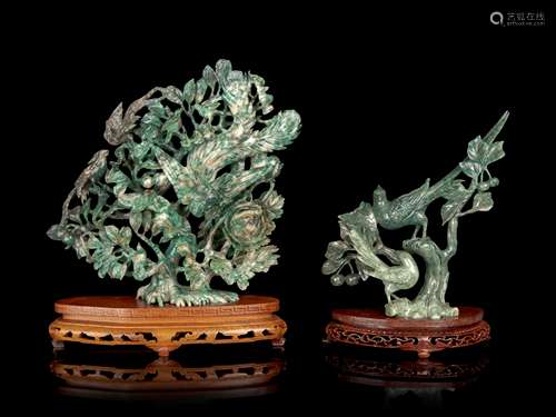 Two Chinese Green Hardstone Figures of Birds Height of