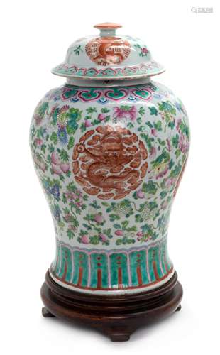 A Chinese Famille Rose Porcelain Covered Jar  Height 17