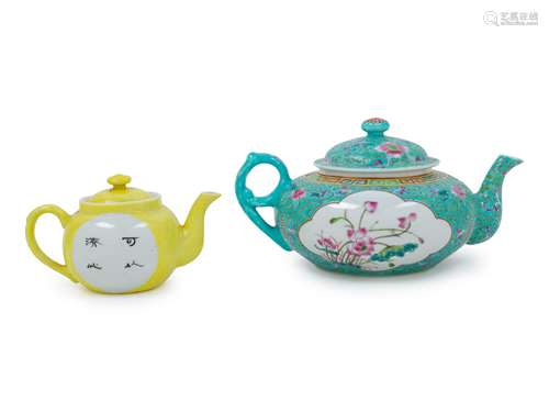 Two Chinese Famille Rose Porcelain Teapots Height of