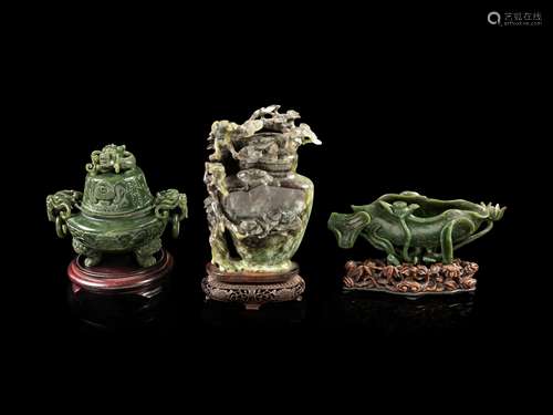 Three Chinese Carved Green Jade and Jadeite Articles