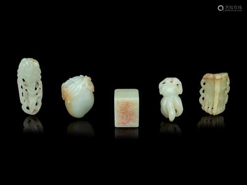 Five Chinese Celadon Jade Articles Height 1 1/4 x