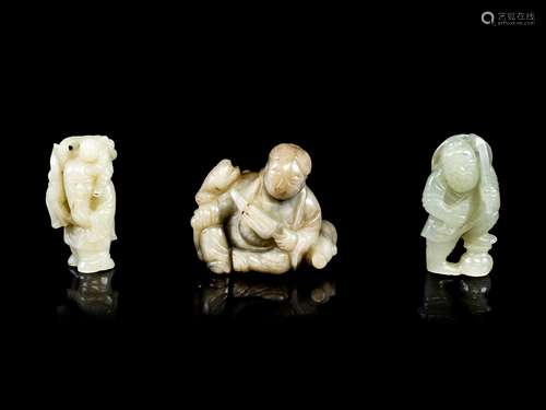 Three Chinese Celadon Jade Figural Groups Height of