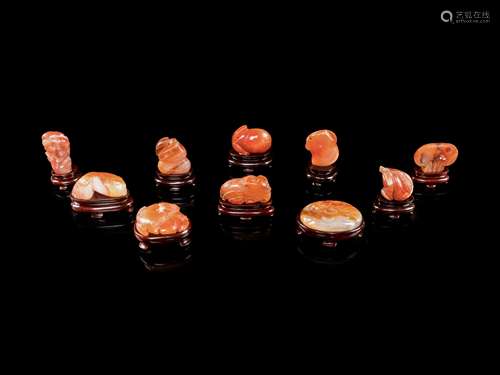 Ten Small Chinese Carnelian Agate Carvings Length of