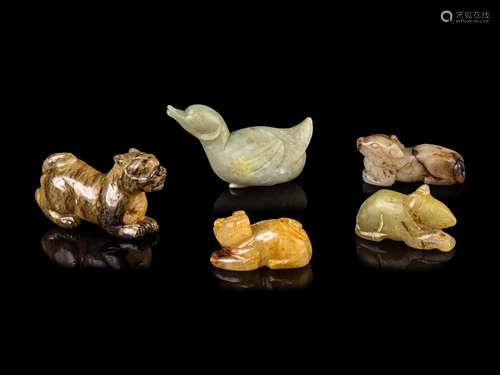 Five Chinese Jade and Hardstone Figures of Animals