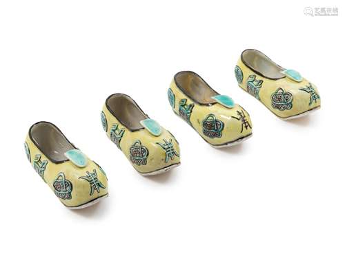 Four Chinese Famille Verte Porcelain Models of Shoes