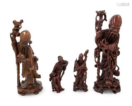 Four Chinese Carved Hardwood Figures Height of tallest