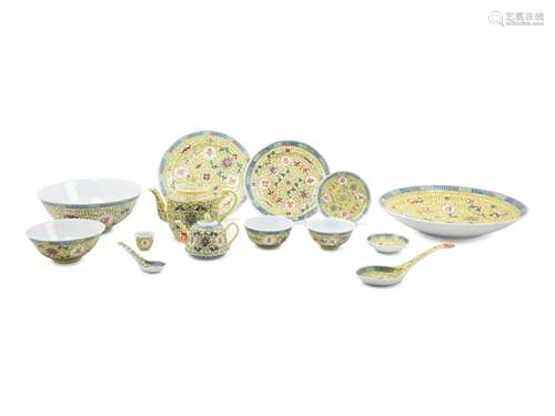 Ninety-Four Chinese Famille Jaune Porcelain Dinner and