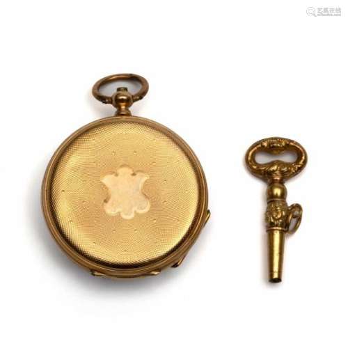 18krt. Gouden damessleutelhorloge en een opwindsleutel, begin 19e eeuw,Achterzijde horloge met