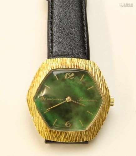 Bucherer, verguld horloge, jaren '60/'70met groen gemêleerde wijzerplaat. Vergulde kast met