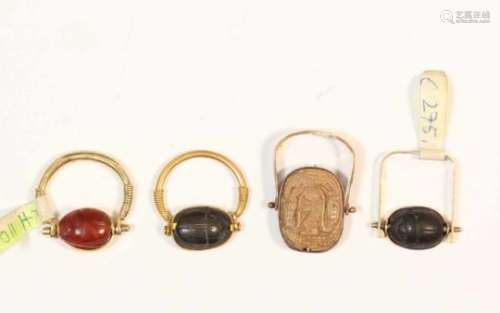 Egypt, collection of rings, Late Period,unmarked 14K gold, sapphire, scarab and hieroglyphs , [4]