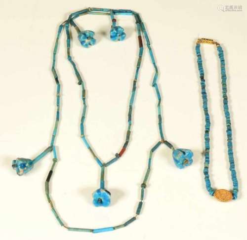 Egypte, two faience necklaces, Late Period,one with flower beads, the other with scarabe. Herewith
