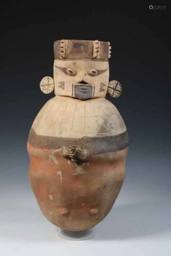 Peru, Chancay, earthenware grave urn, 1000-1470 AD,in the shape of a priest figure holding a cup