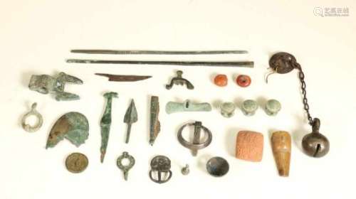 A collection of small, various objects; metal, bone, clay and other materials, some antiques., [