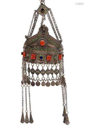 Morocco, Tiznit, ceremonial bridal diadem,decorated with coral, enamels in green, yellow and blue.