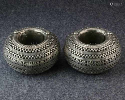 India, Madhya Pradesh, pair of large silver anklets, with large granulas and each with two screws