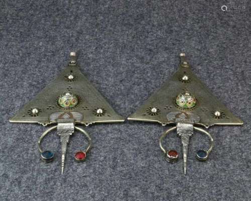 Morocco, Anti-Atlas Mountains, pair of silver triangular shaped fibulae ca. 1900,with open worked