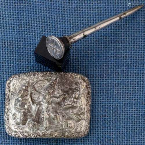 Myanmar, silver belt buckle with relief of three human figures and floral designs,herewith, Golden