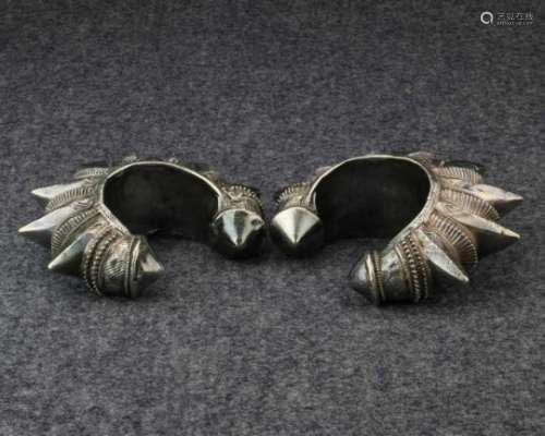 Pakistan, a pair of hollow silver woman's bracelets, 'Gokhru',with spikes, designed to protect the