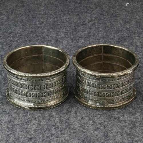 India, Rajasthan, pair of silver bracelets,decorated with rows of hearts and clover in relief, h.