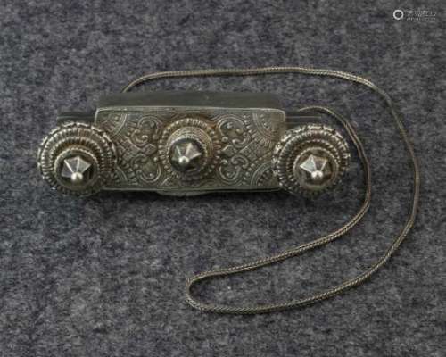 India, Karnataka, silver necklace with square lingam casket,top part in the shape of stylised
