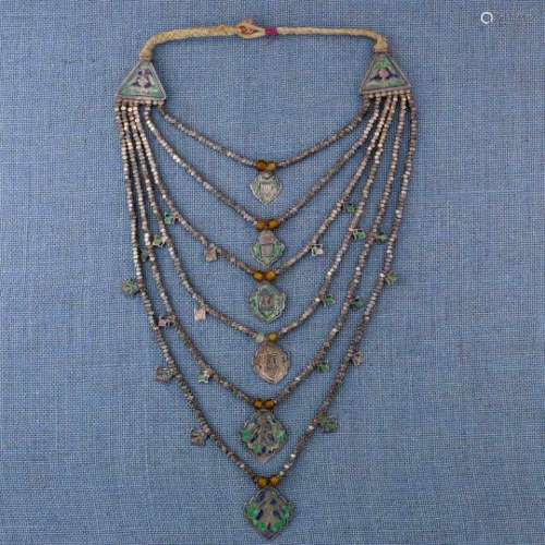 India, Himachal Pradesh, Kangra-District, necklace,with blue and green enamel. Two triangles