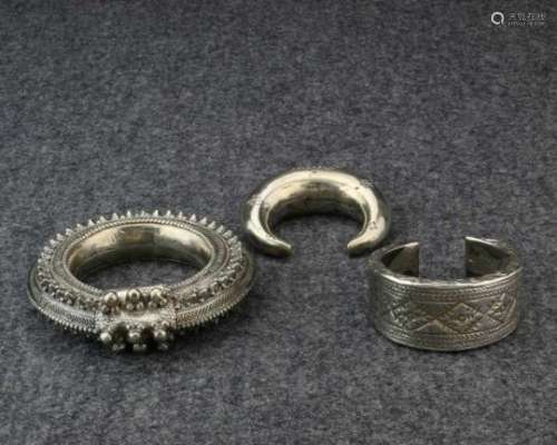 India, three silver braceletsbracelet with spikes, granula, filigree and knobs, bracelet with