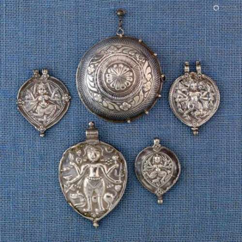 India, Himachal Pradesh, Rajasthan and Gujarat, silver back ornament and four silver amulets