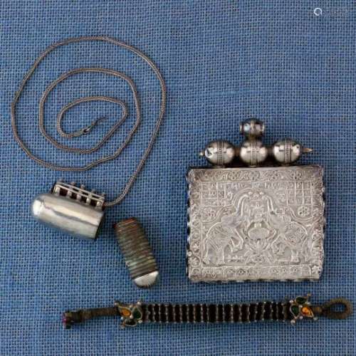 India, collection of a silver amulet, amulet container and two bracelets Hyderabad, amulet conainer,
