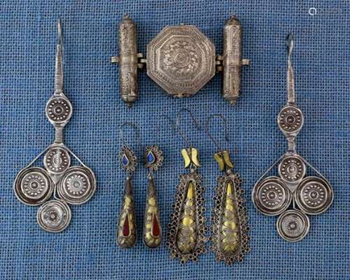 Iran, silver alloy amulet box, Central Asia, pair of earrings, Afghanistan, two pair of