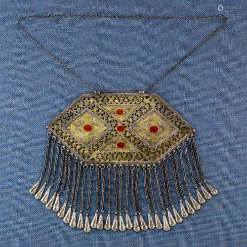 Turkmenistan, Teke, silver pectoral plate with chain amuletsopen worked silver plate with