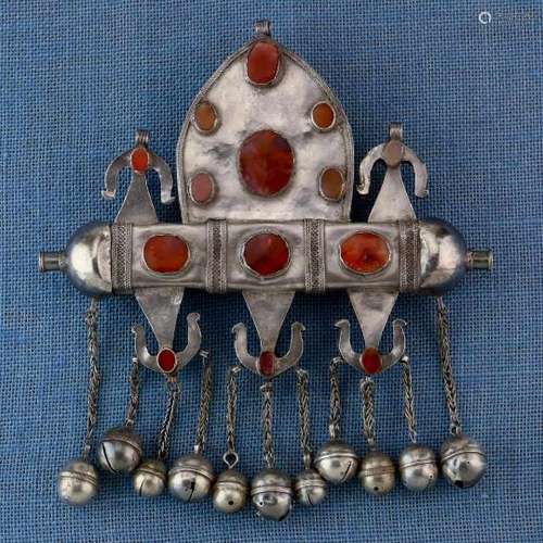 Turkmenistan, Ersari, silver amulet holderadorned with twisted wire, carnelian stones and chained