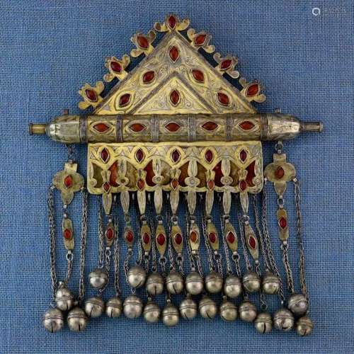 Turkestan, Teke, silver amulet container, ca. 1900decorated with fire gilding, carnelian stone